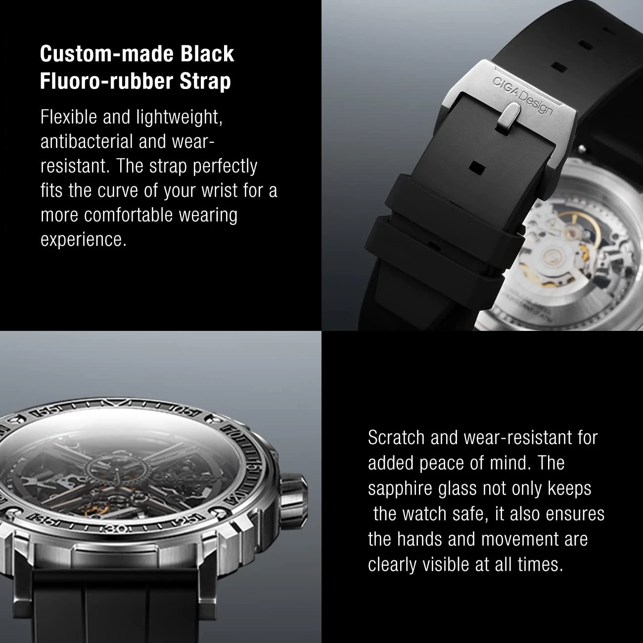 CIGA Design 3 in 1 Titanium Automatic Watch for Men Magician Series Skeleton Mechanical Wristwatch Fluororubber Strap 3 Pcs Case 5