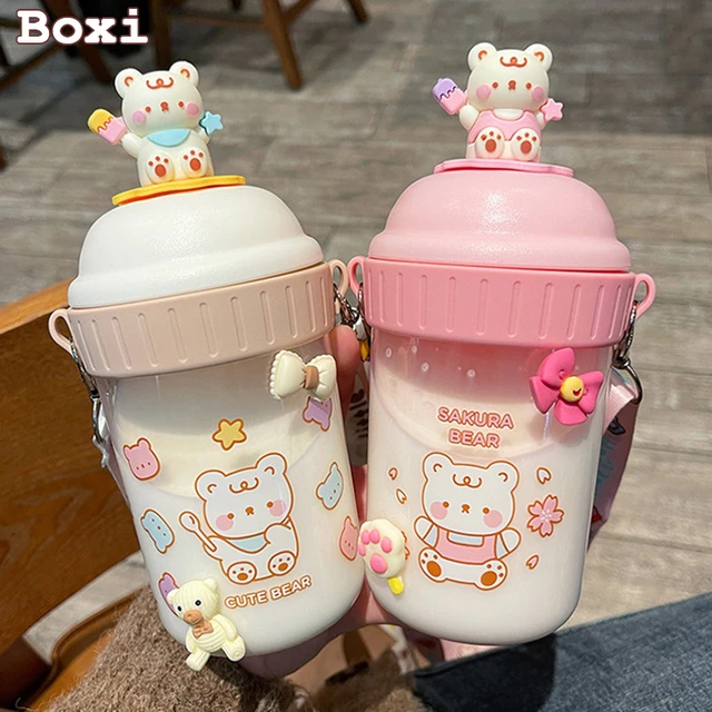 Cute Kids Water Bottle With Straw NO BPA Plastic Water Cup Portable Student  Girl Outdoor School Drinking Bottle Gift