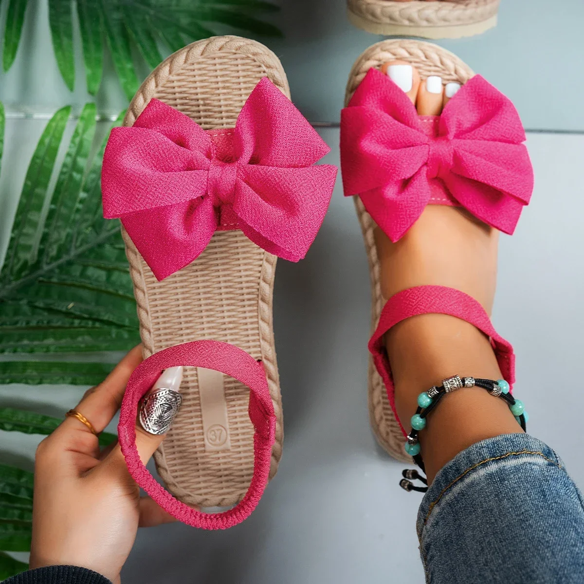 Women Anti-slip Trend Sandals Summer Lightweight Sandals Fashion Beach Casual Slippers Outdoor Bow Tie Flat Shoes Home