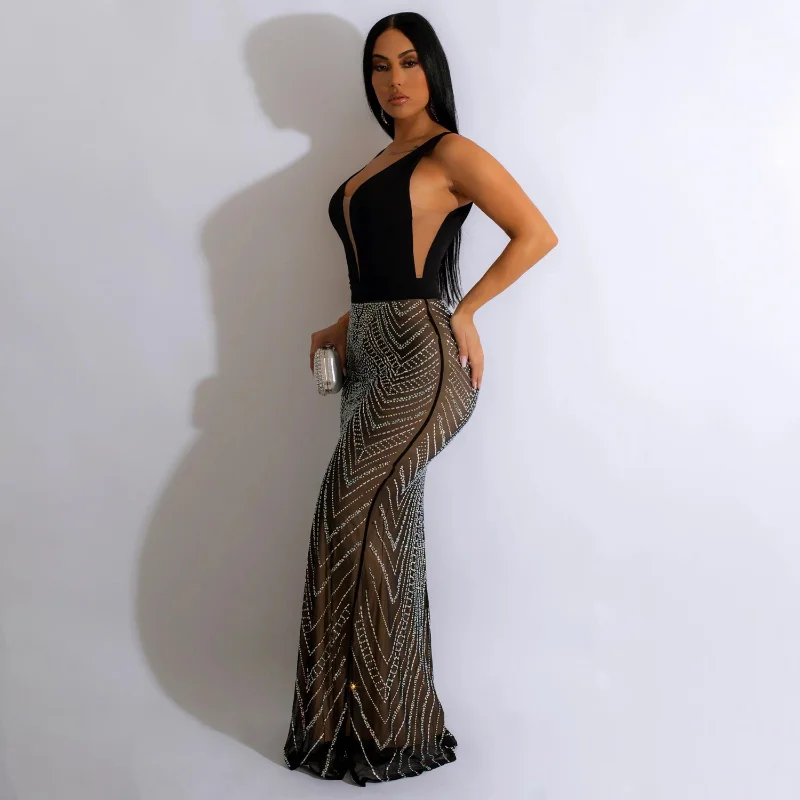 

Модное Элегантное коктейльное платье без рукавов с V-образным вырезом и высокой талией, с открытой спиной и бриллиантами, женское летнее сексуальное Сетчатое вечернее платье-корсет