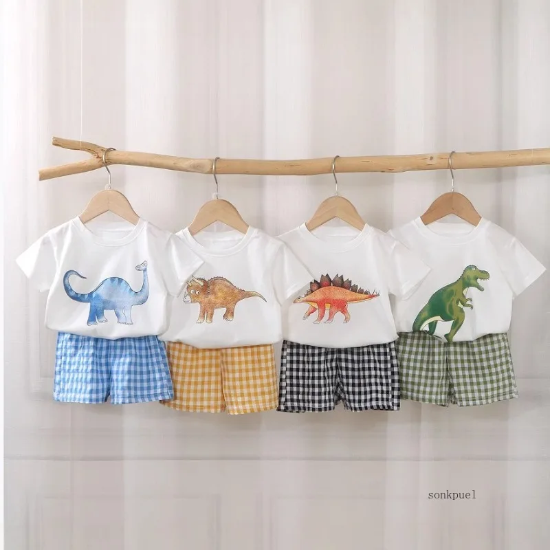 Dino T-Shirt & Plaid Shorts Set 1