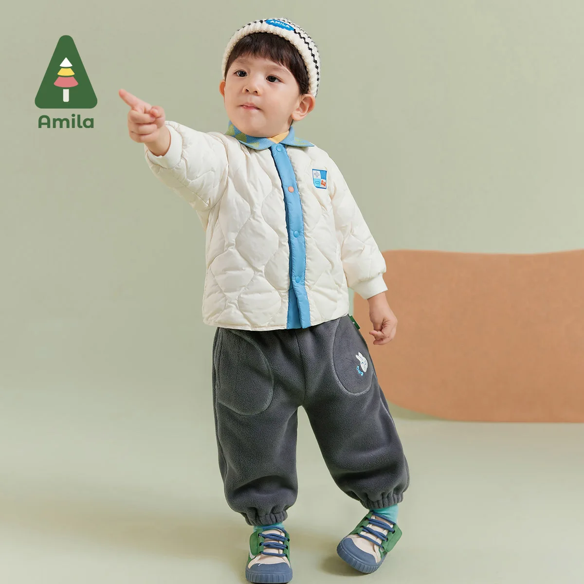 Amila Baby Children Casual Pants 2024 Winter New Multicolour Fleecing Cosy Color Blocking Warm   Baby Clothing