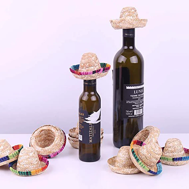 1PcsMiniMexicanStrawHatWineBottleHatNaturalStrawWeave