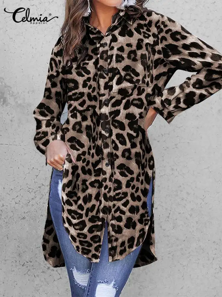 

Tunics Women Shirts Celmia Summer Vintage Leopard Print 2023 Long Blouses Elegant Long Sleeves Office Tops Casual Loose Blusas