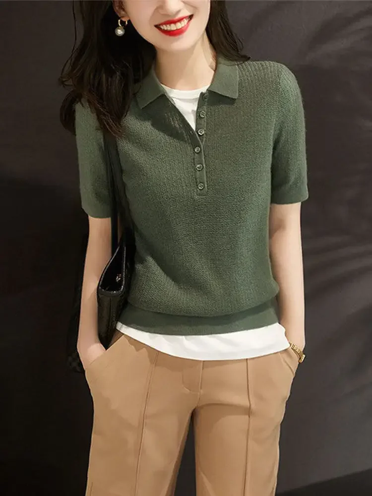 

Women's Polo Shirts Button Plain Knitted Female Tee Clothing Trend 2024 Youthful T-shirts Clothes Luxury New Pulovers Aesthetic