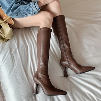 Women Boots High Heels Boots Sexy Knee High Boots Ladies Pointed Toe Side Zipper Shoes Autumn Fashion Knight Boot Botas De Mujer 1