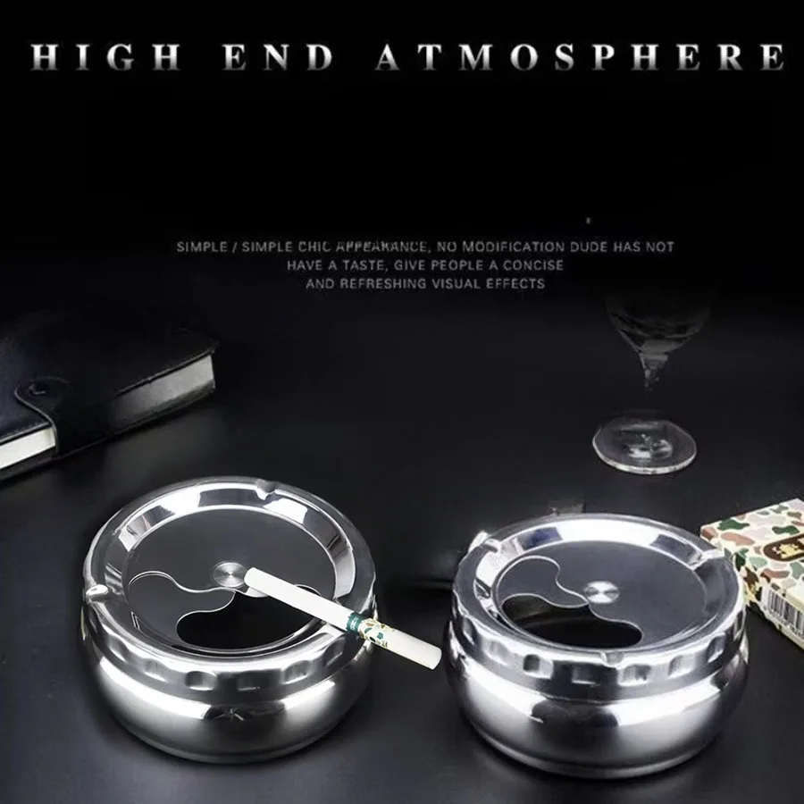 European stainless steel ashtray with cover home automatic extinguishing living room bedroom round smoke cup large anti-fall