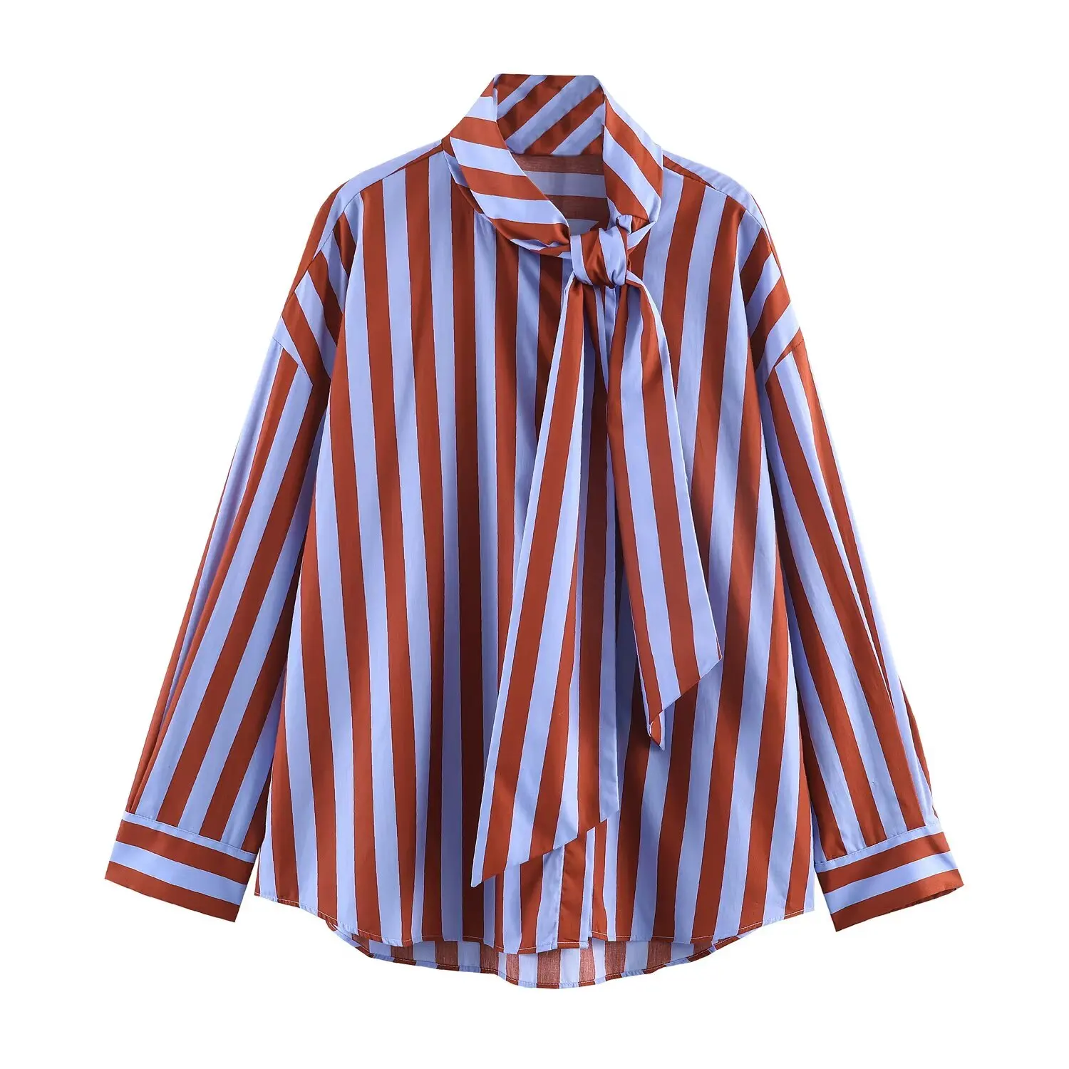 TFMLN Damen Frühling Neue Gestreifte Bluse Eleganter Schleifenkragen Einreihig Locker Sitzende Bluse Lässige Vintage Bedruckte Langarm-Hemden – Detail 2