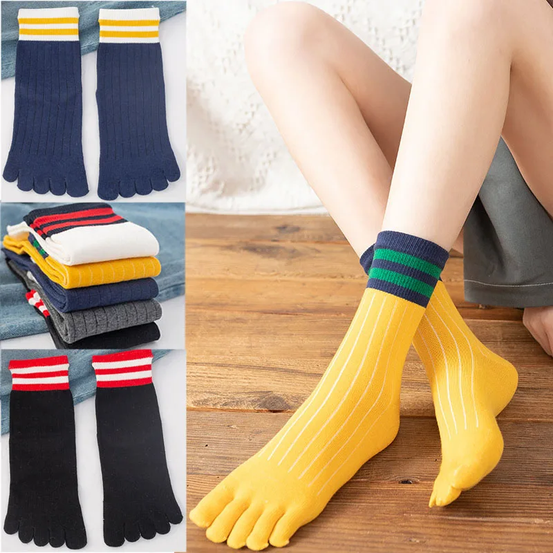 

5 Pairs Womans Girls Striped Solid Five Finger Sport Socks Japanese Style Sweat absorbing Anti-Friction Cotton Socks with Toes