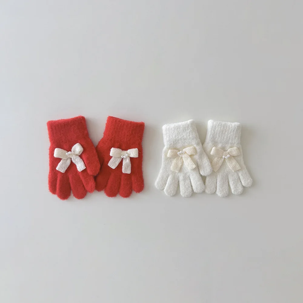 Korean Children's Gloves Winter Cute New Five-finger Finger Warm Bow Baby Kids Gloves & Mittens