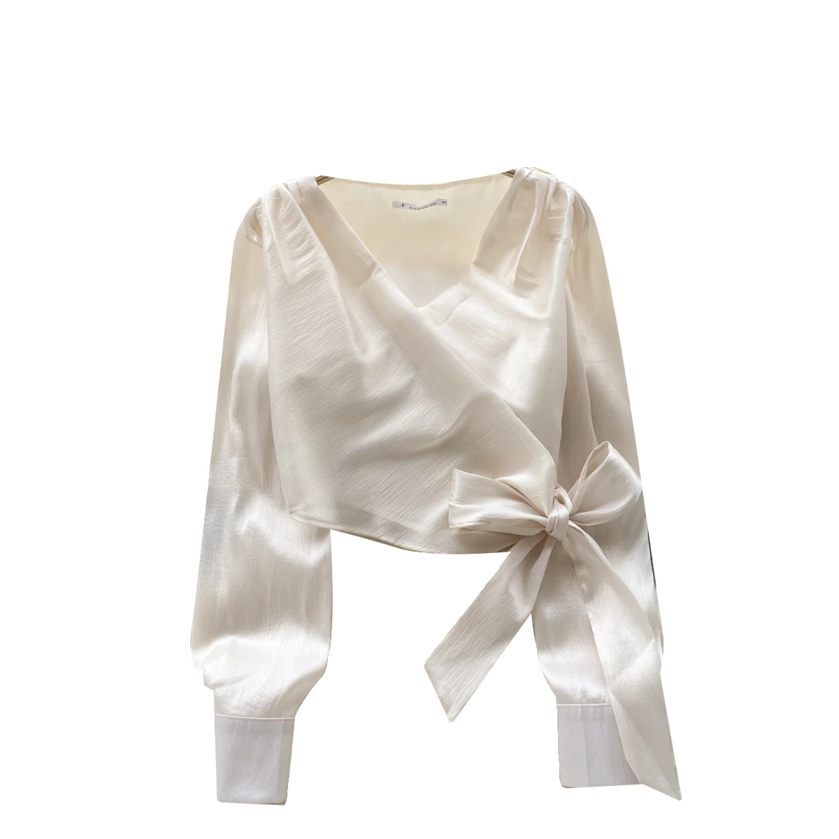 Camisa de vendaje con lazo cruzado Beige para mujer, ropa de diario francesa, Tops cortos formales con cuello en V, blusa elegante de moda, nuevo, otoño - Image 6