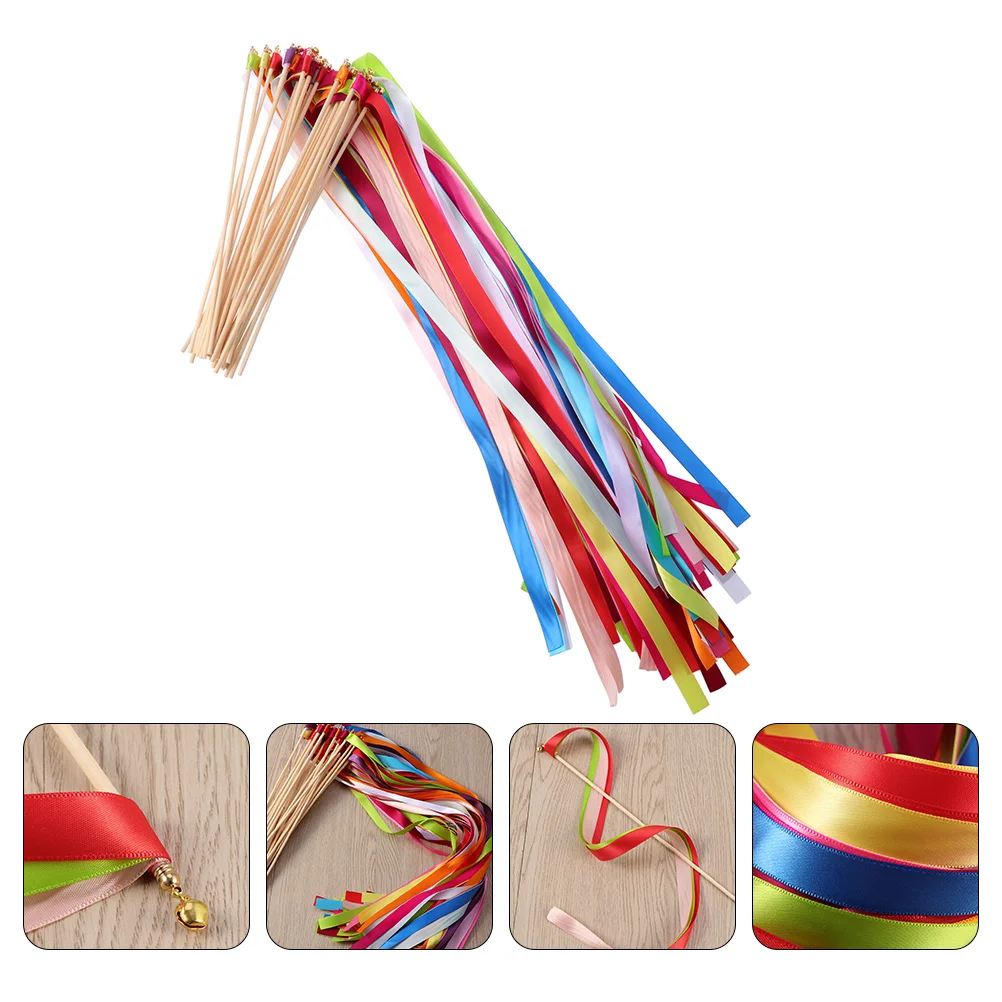 

Colorful Ribbon Wand Stick Fairy Stick With Gold Bells Wedding Party Streamers Decoration