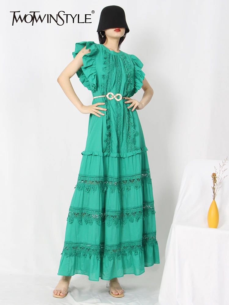 

TWOTWINSTYLE Casual Lace Panel Dress For Women Stand Collar Sleeveless High Waist Solid Elegant Midi Dresses Female Clothing New