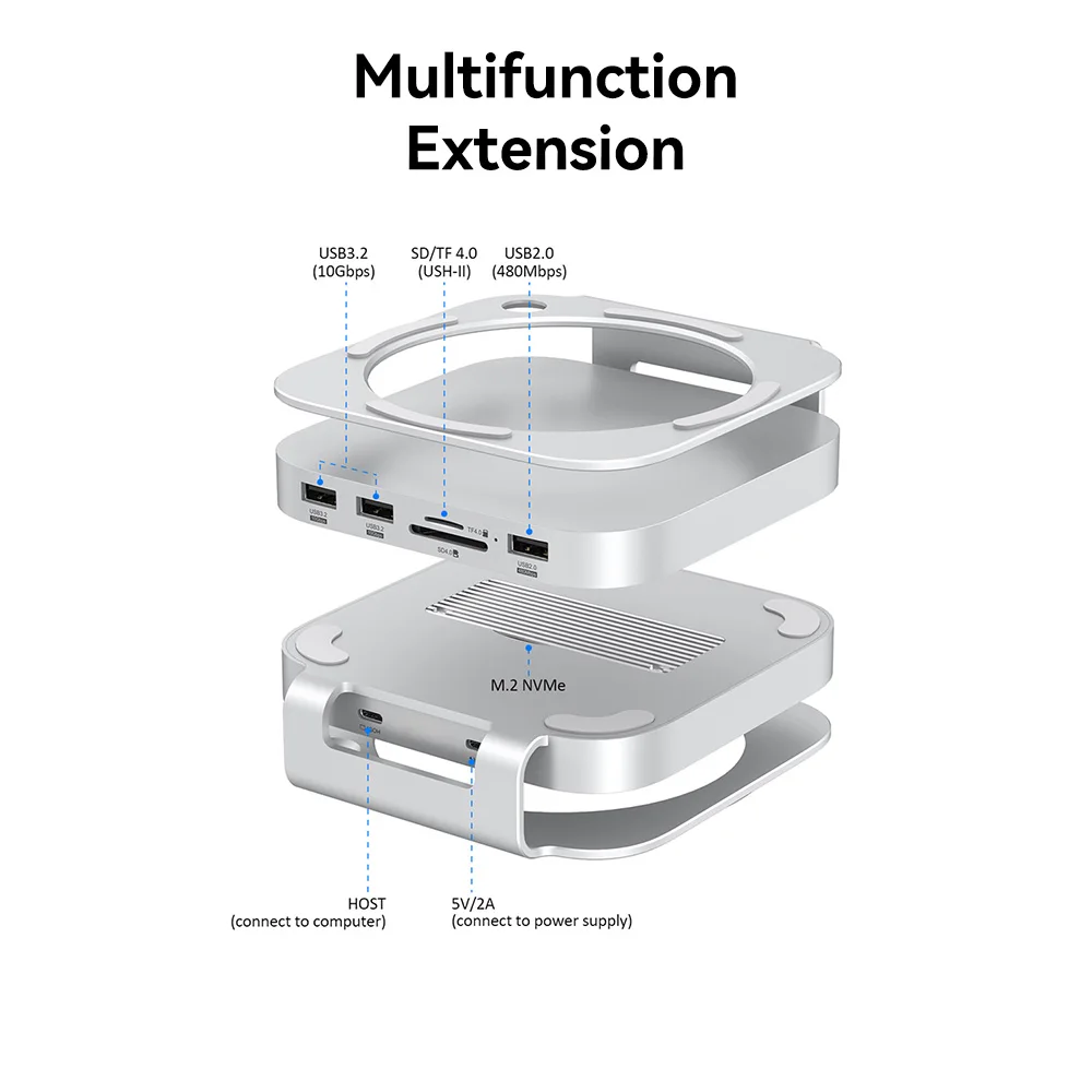 Mac mini USB C Hub with M.2 SSD Enclosure for Mac Mini M4/M4 Pro Stand Type-C Docking Station SSD Case USB3.2 Gen2 SD4.0 TF4.0 2