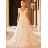 Elegant Wedding Dress For Women Customized V-Neck Cap Sleeve Lace Appliques Vestido De Noiva With Button Sweep Train Custom Made 1