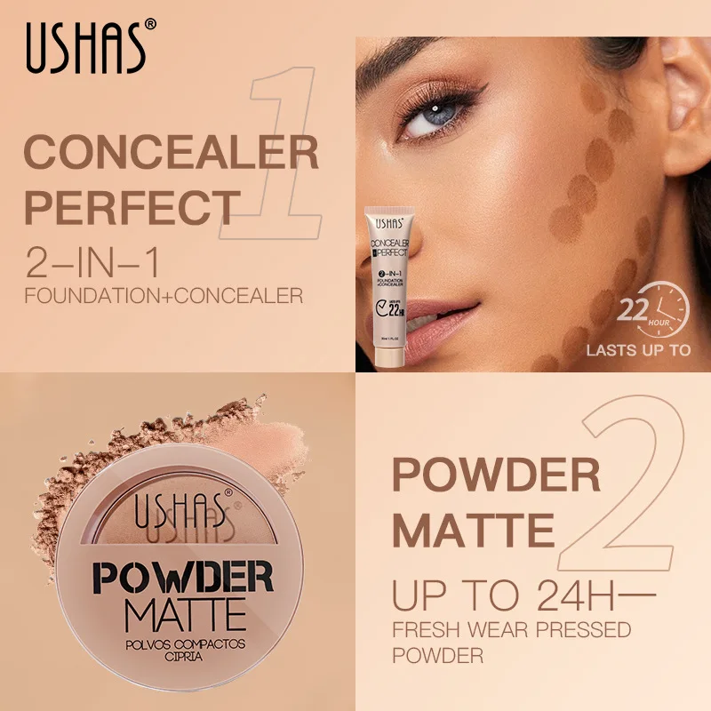 USHAS Powder Matte and Liquid Foundation Makeup Set Waterproof Long-lasting Skin Brightening Formula for Flawless All-Day Wear