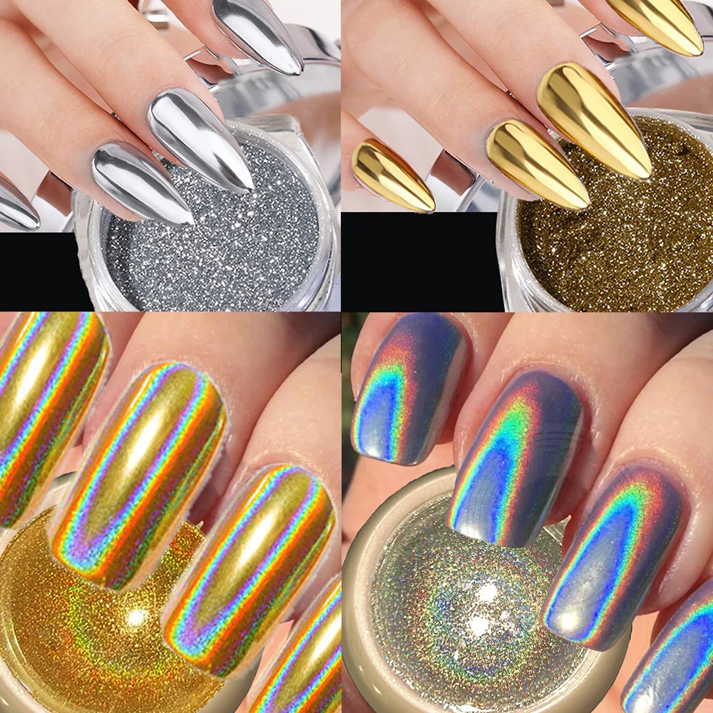 Nail Powder Nail Pigment Metallic Chrome Powder Gold /Silver/Rose Mirror Rubbing Pigments Shiny Magic Effect Holographic Silver Mirror Powder 2