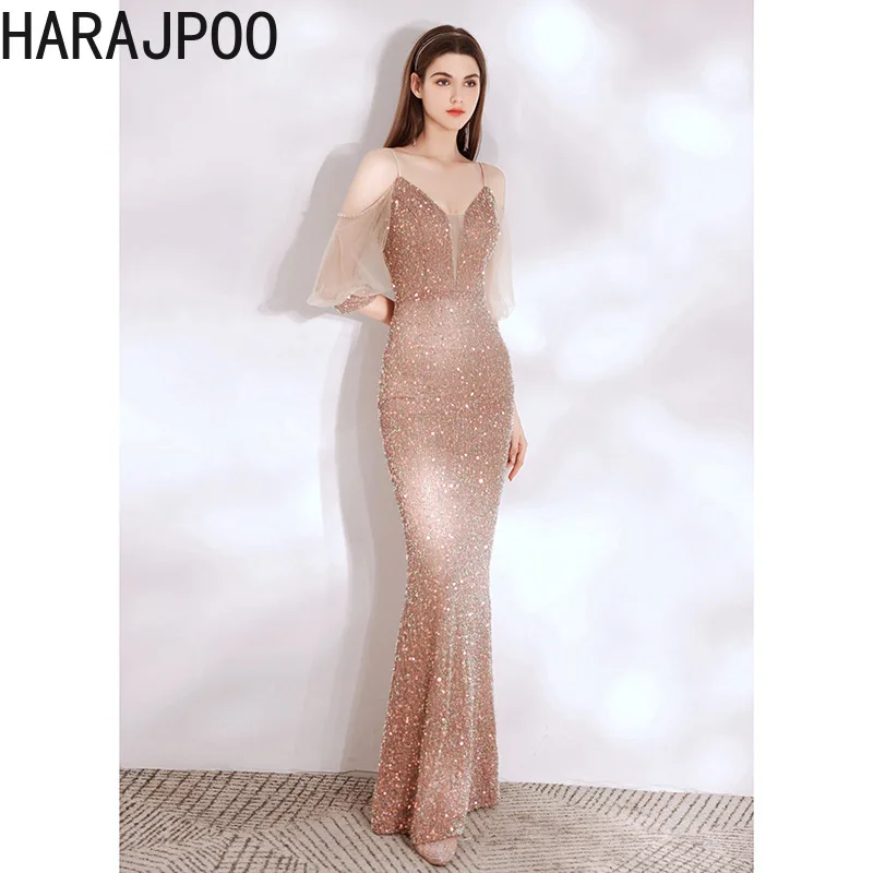 

Harajpoo Fish Tail Evening Dress Women 2024 New Slim Fitting Suspender Sexy Dress Elegant Sequin Host Banquet Lady Vestidos