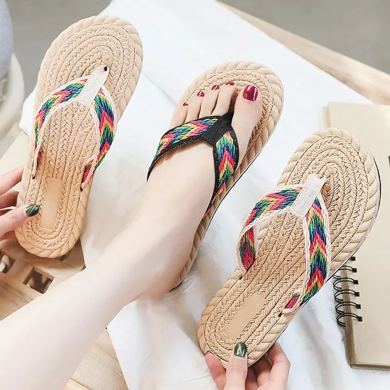 

2023 New Women's Straw Beach Flip Flops Women Stripe Slides Outdoor Sweet Non-Slip Fashion Sandals Hemp Rope Minimalist Shoes