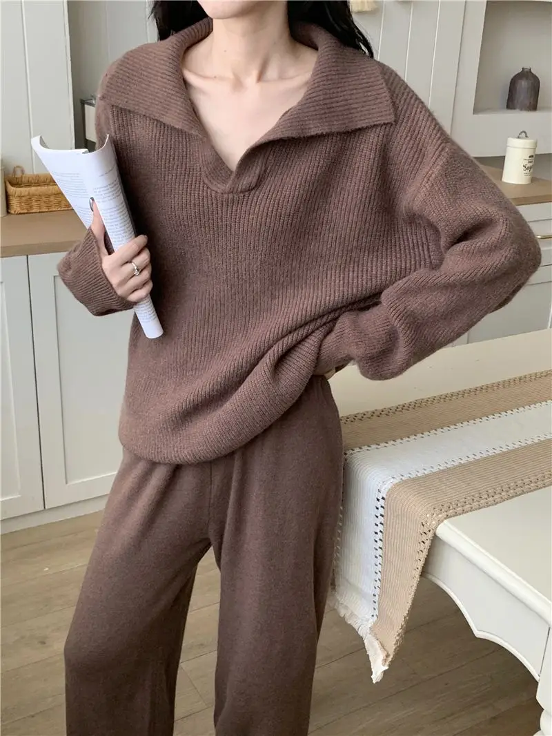 Conjunto de dos piezas de punto para mujer, jersey de solapa, pantalones largos, moda coreana, ropa informal para mujer, prendas de punto nuevas