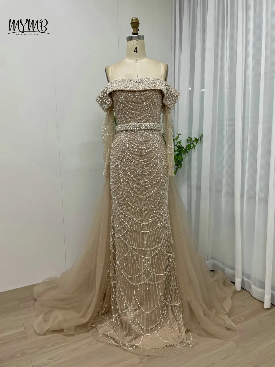 MYMB Wunderschönes blaues trägerloses Meerjungfrau-Perlen-Damen-Abend-Partykleid, arabische Falte, schulterfrei, lange Ärmel, elegante Ballkleider – Detail 20