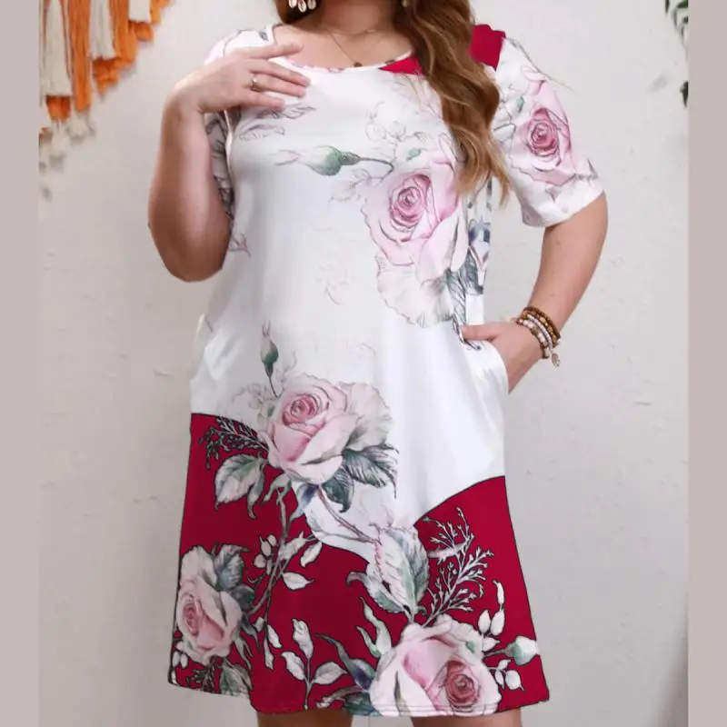 

Plus Size Women's Round Neck Floral Print Casual Resort Pocket Dress