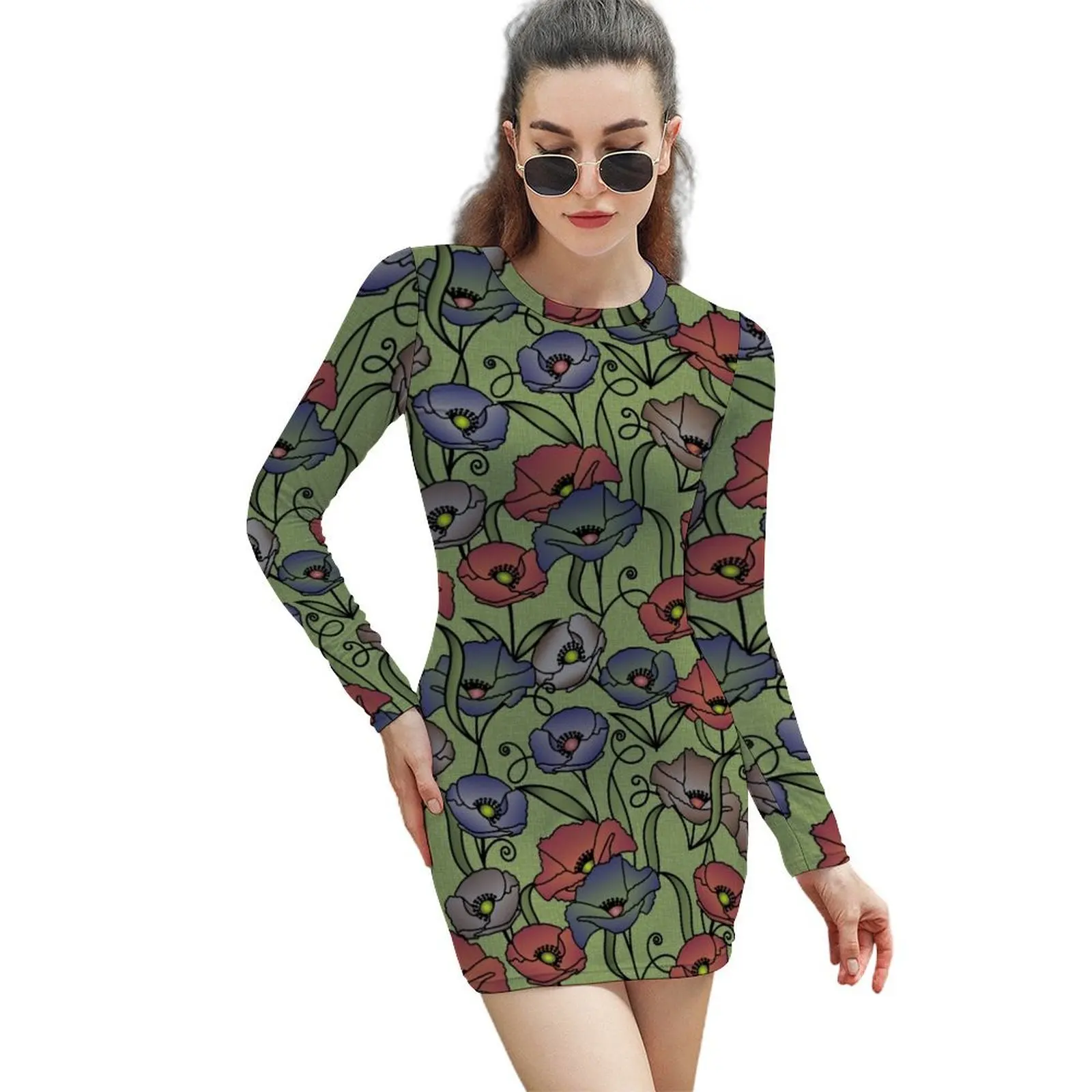 

Modern Floral Print - Grass Green, Navy, Red Long-Sleeved Sheath Dress Women's summer suit