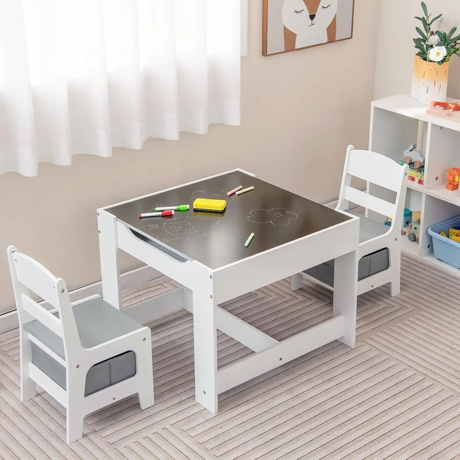 Kids Table and Chair Set, 3 in 1 Wooden Activity Table for Toddlers Arts, Crafts, Drawing, Reading, Playroom, Toddler Ta