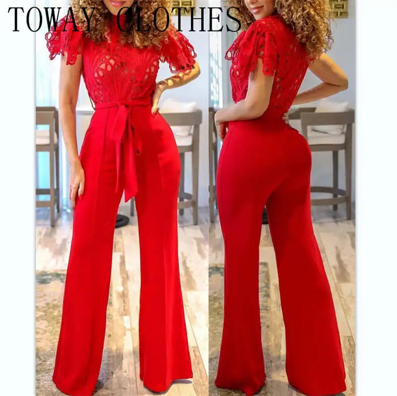 

Women Summer O-neck Short Sleeve Guipure Lace Patch Belted Jumpsuit