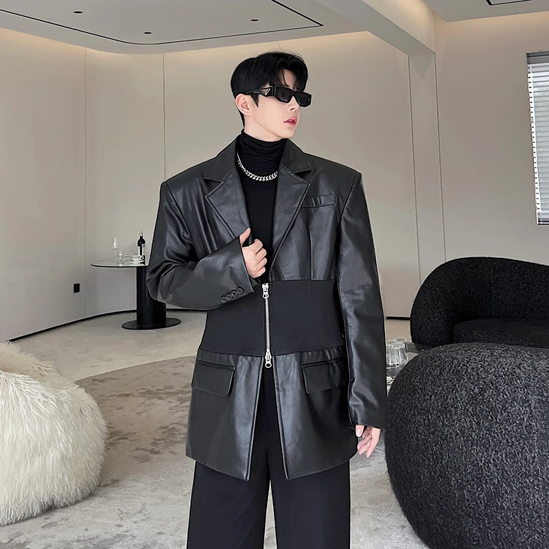 

Autumn New Men's Biker Jacket Handsome Shoulder-Padded Leather Blazer Knitted Waist Patchwork Pu Leather Suit Coat Casual Tops