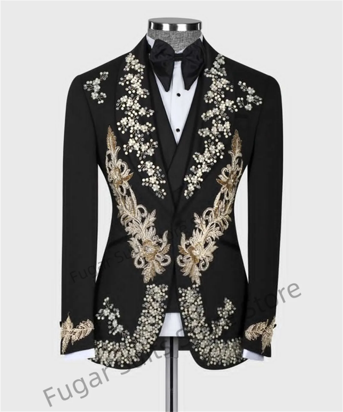 Banquet Black Elegant Men Suits Slim Fit Shawl Lapel Groom Wedding Tuxedos 3Pieces Set(Luxuly Jacket+Double-breasted Vest+Pants)
