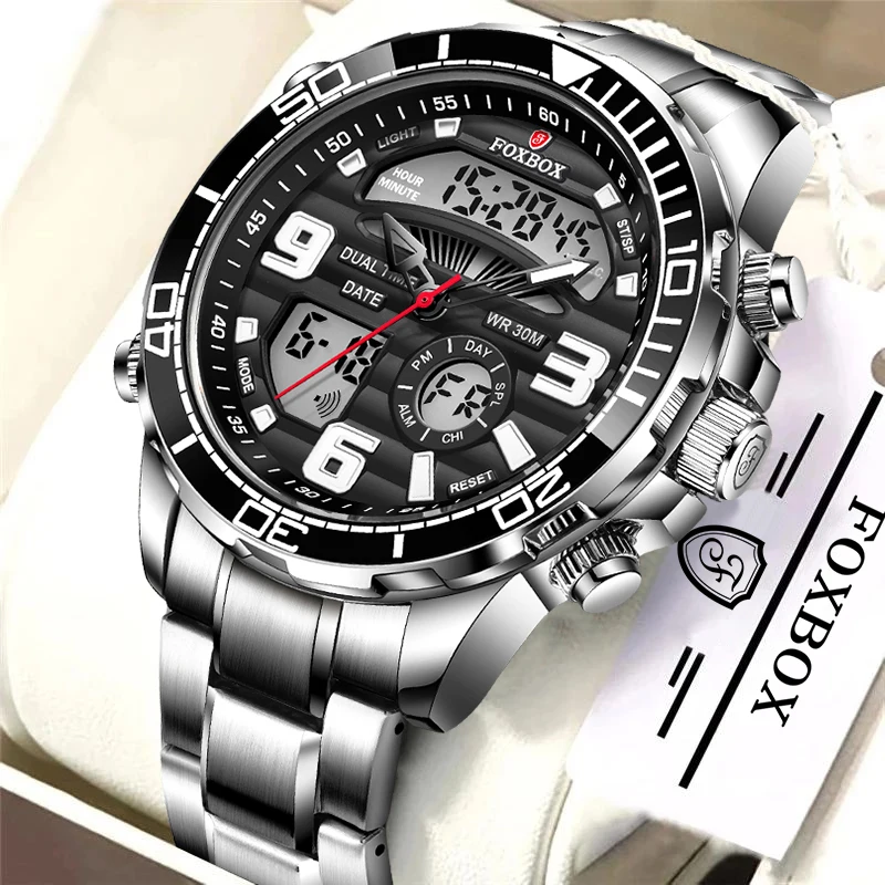 FOXBOX Men's Watches Top Brand Luxury Sport Military Wristwatches Chronograph Luminous Steel Strap  Date Quartz Watch Male Clock