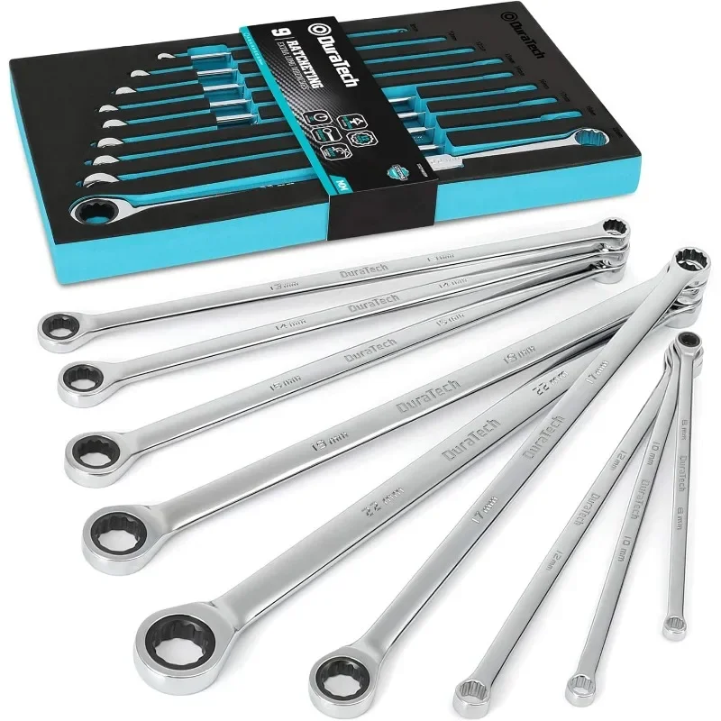 Double Box End Wrench Set, Metric, 9-Piece, 8,10,12,13,14,16,17,19,22 mm, CR-V Steel, with EVA Foam Tool Organizer