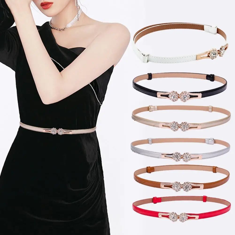 

Adjustable Lady Dress Waist Belt Fitted Faux Leather Gold Color Buckle Shiny Rhinestone Waist Strap for Daily Wear pasek damski