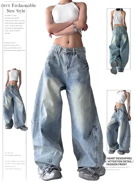 Women Blue Baggy Y2k Jeans Harajuku Vintage Denim Trousers