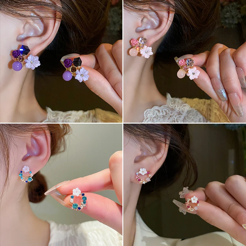 Flower Earrings Colorful Flower Imitation Pearl Geometric Stud Earrings For Women Party Banquet Jewelry Gift