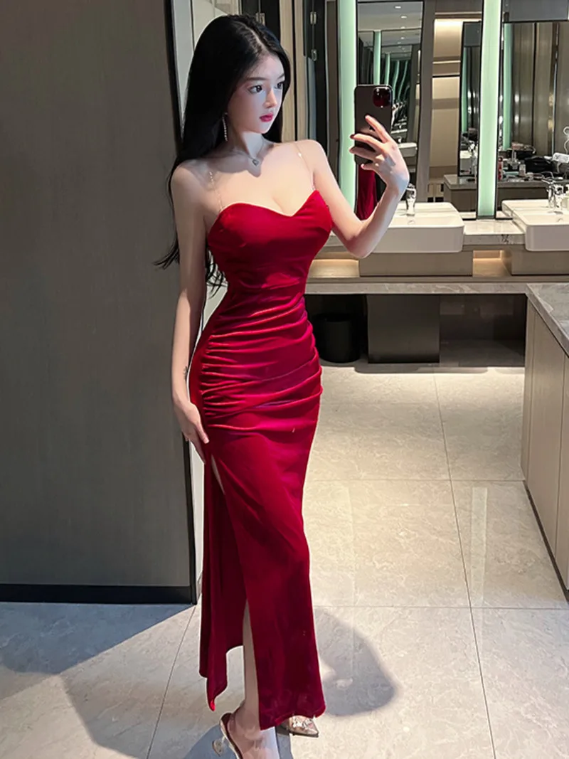 

2023 Summer Women's Sexy Temperament ceremonial dress Wrapped Chest backless High Split Velvet Wrapped Hip Red Long Dress FQ4B