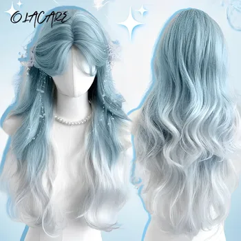 OLACARE parrucca sintetica lunga riccia ondulata in pizzo Lolita con frangia parrucca ragazza carina blu bianca Ombre cosplay festa di Halloween parrucca Harajuku