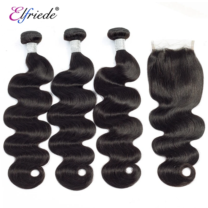 

Elfriede Natural Black Body Wave Bundles with Closure Brazilian Human Hair Weaves 3 Bundles with 4X4 Transparent Lace Closure