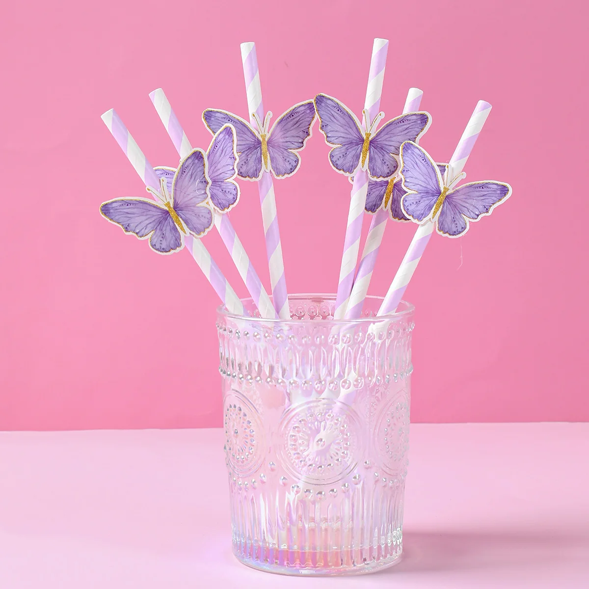 20 Pcs Butterfly Paper Straws - Pink Stripe Disposable Drinking Straws Party