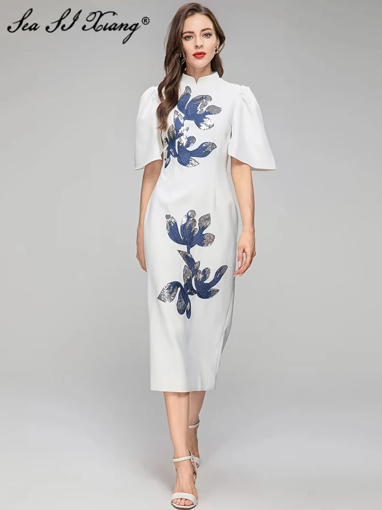 

Seasixiang Fashion Designer Spring Summer Pencil Dress Women Stand Collar Flare Sleeve Sequins Embroidery Chinese Style Dresses