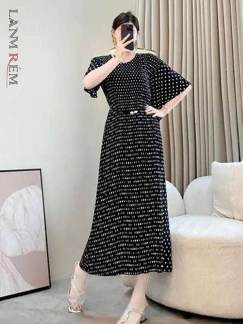 LANMREM Black Dot Printting Asymmetrical Bawting Short Sleeve Women's Dress Elastic Slim Round Collar Pleated Dresses 2DB3374