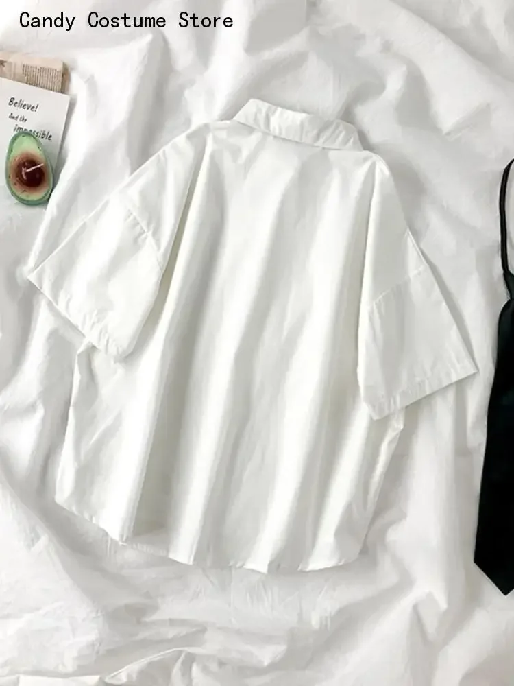 Summer Button Up Tops White Shirts Women Fashion Black Tie Japan Style Preppy Students JK Girls Blouse Simple Solid Loose