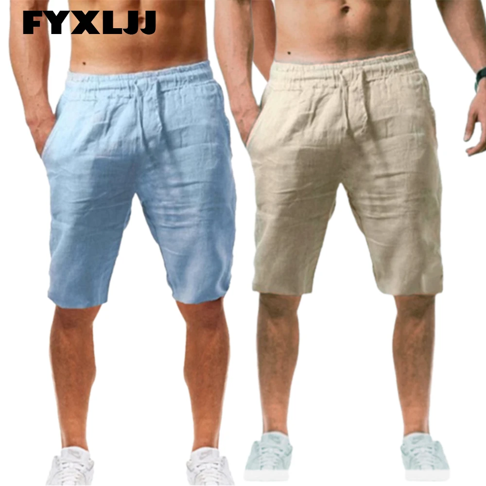 

FYXLJJ Casual Mens Cotton Linen Short Pants Male Summer Breathable Solid Color Linen Running Sport Pant Fitness Streetwear S-5XL