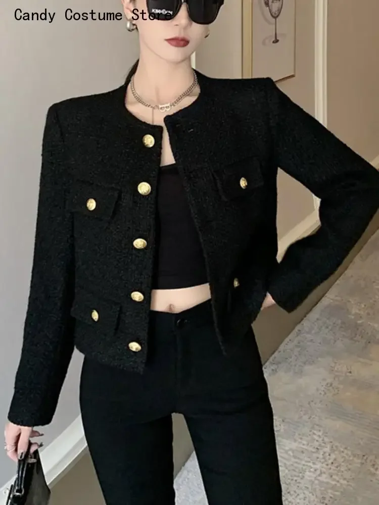 Woolen Short Coats Streetwear Outwear Crop Top Fall Winter French Vintage Small Fragrant Tweed Jacket Coat Women Elegant Casual