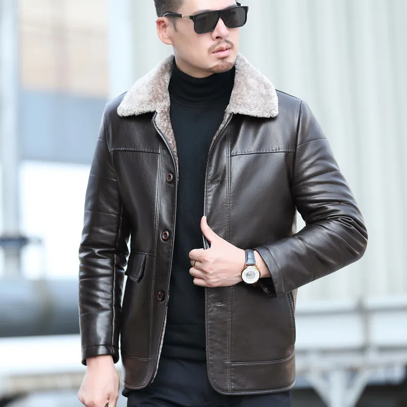 Natural Leather Men's Autumn and Winter Casual Lapel Mid Length Business Leather Down Jacket Plus Size