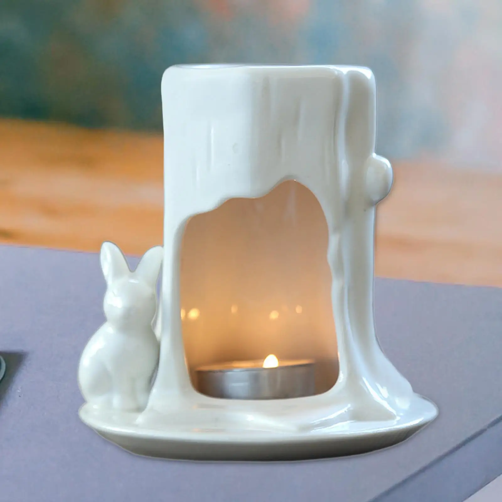 Essential Oil Burner Solid Color with Lovely Rabbit for Desktop Patio Porch