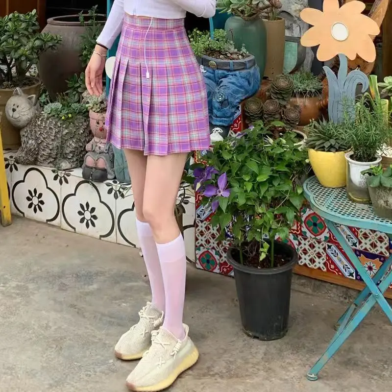 New Women Fashion Street Style Plus Size Vintage High Waist Yellow Mini Plaid Pleated Skirt A-Line Short Skirt With LiningXS-5XL black tennis skirt