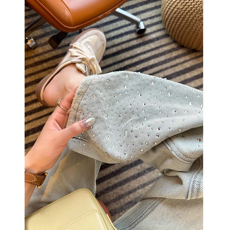 American Vintage Casual Pregnant Women's Denim Jeans Spring Ins Embellished with Rhinestones Maternity Fit Straight Pants Youth