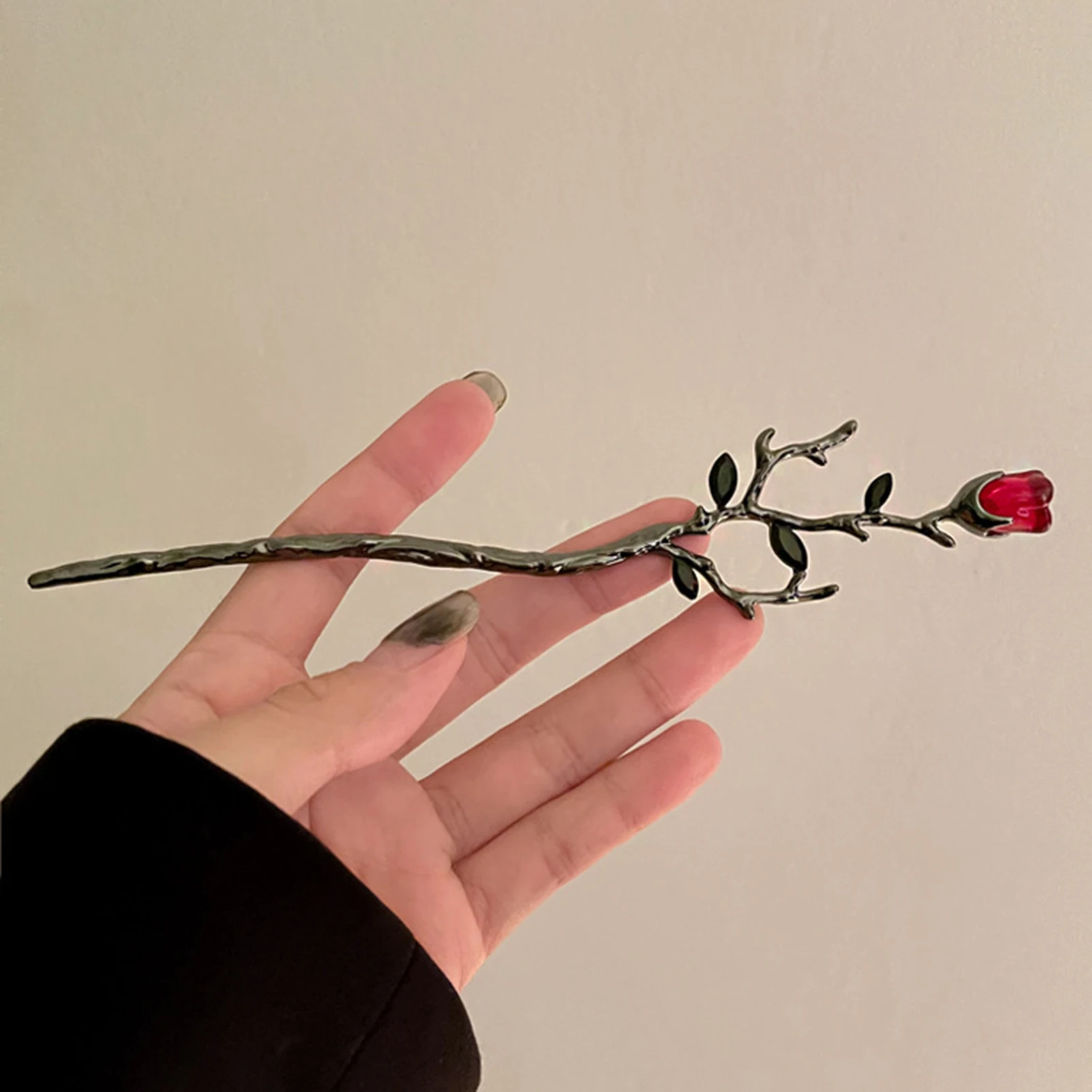 고딕 스타일 장미 꽃 비녀 중국 머리핀, 머리 장식, 고급 롱 스트레이트 비녀, 헤어 스타일링 DIY 액세서리